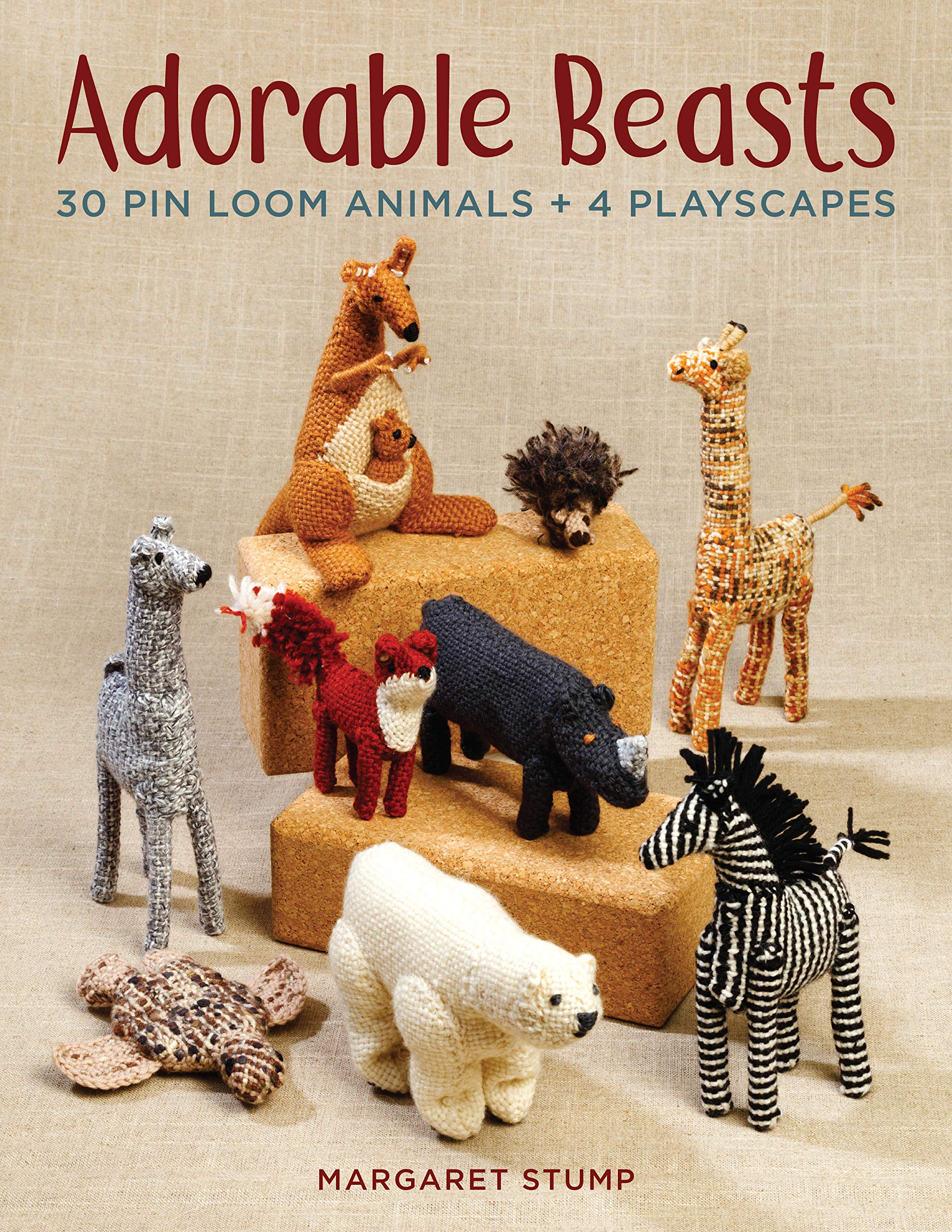 Book cover of Adorable Beasts; woven and stuffed polar bear, giraffe, zebra, turtle